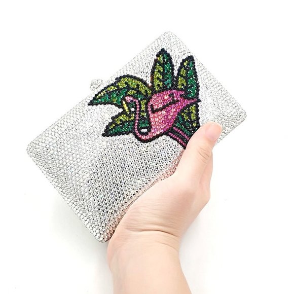 Pink Flamingo and Palm Leaves Crystal Clutch Purse - Picture 5 of 6